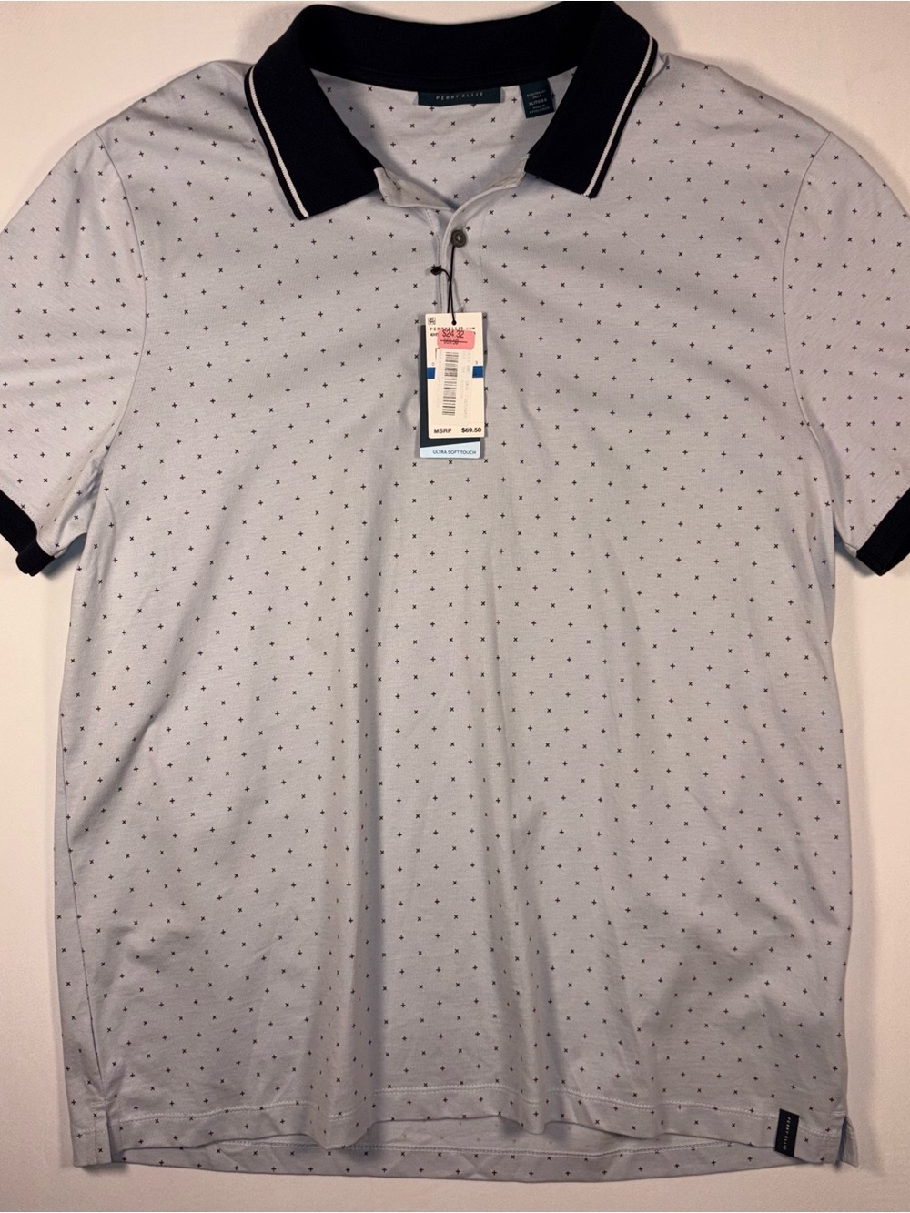 Perry Ellis Light Blue Grey Polo with Navy Trim and Cross & + Pattern SZ XL NWT